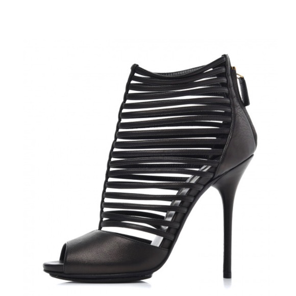 GUCCI Black Leather Saddle Soft Lux Peep Toe Caged Strappy Sandal Heels - Picture 1 of 12